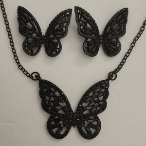 Sparkling Black Crystal Butterfly Jewelry Set